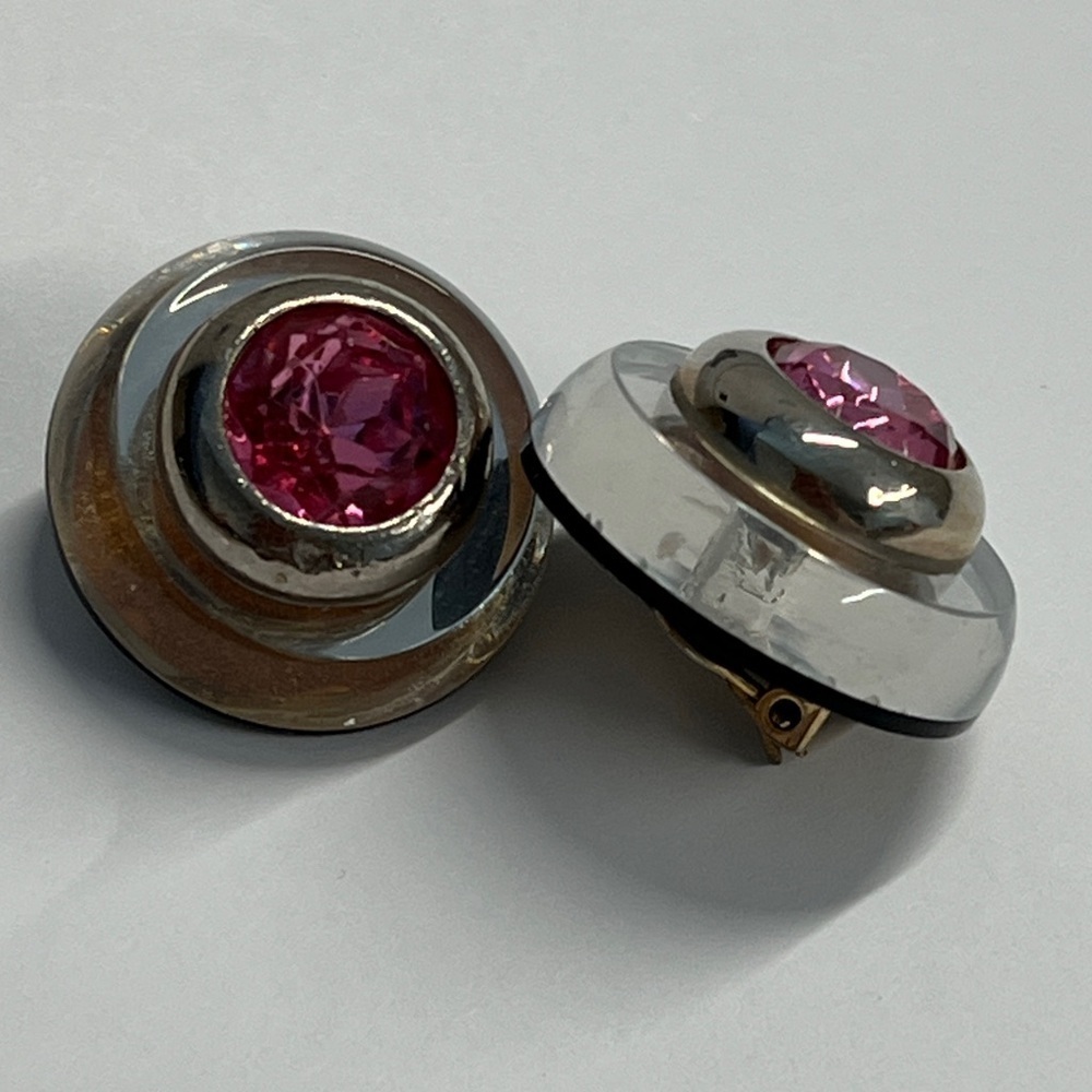 Diva Vintage Clear Lucite Pink Tourmaline Stone Silverplate Bezel Clip Earrings